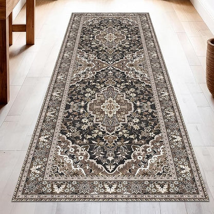 Washable Runner Rug 2x10 | Non Slip Rug Runners for Hallways, Entryways, Kitchens, Bathrooms, Bedrooms | Ultra-Soft Flannel Carpet Runners with Rubber Backing (Black Brown, 2x10)