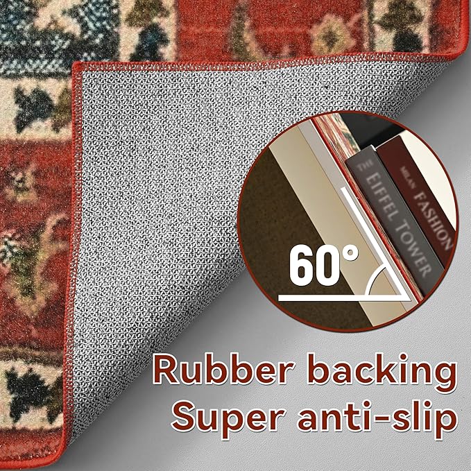 YJ.GWL Area Rugs for Living Room 5x7 Machine Washable Rugs, Non Slip Floral Vintage Rug Indoor Carpet, Stain Resistant Large Rug for Bedroom Dining Room, Orange-Red