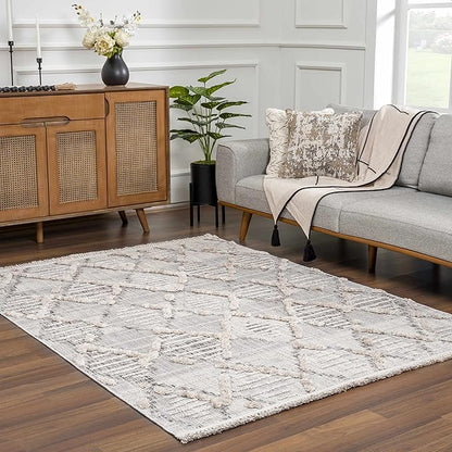 Hauteloom Bogtong Farmhouse Living Room Bedroom Moroccan Trellis Area Rug - Soft Shaggy High Low Carpet - High Pile - Bohemian, Boho - Gray, Beige, Cream - 5'3" x 7'