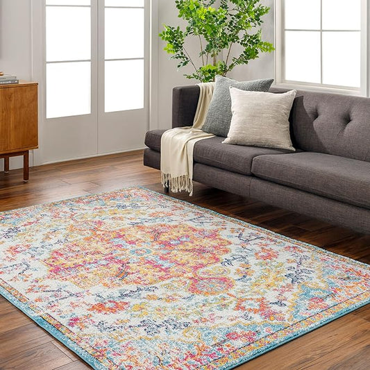 Livabliss Odelia Vintage Bohemian Area Rug,5'3" x 7'3",Orange/Aqua