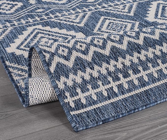 Beverly Rug Waikiki Boho Indoor Outdoor Rug 8x10, Washable Outside Carpet for Patio, Deck, Porch, Bohemian Area Rug, Farmhouse Rugs, Aztec Tribal Rug, Azure and White