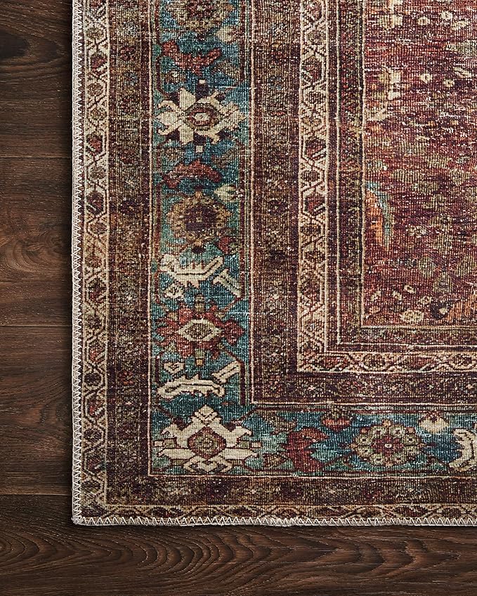 Loloi Layla Collection LAY-01 Brick/Blue 3'-6" x 5'-6" .13" Thick Accent Rug, Soft, Durable, Vintage Inspired, Distressed, Low Pile, Non-Shedding, Easy Clean, Printed, Living Room Rug