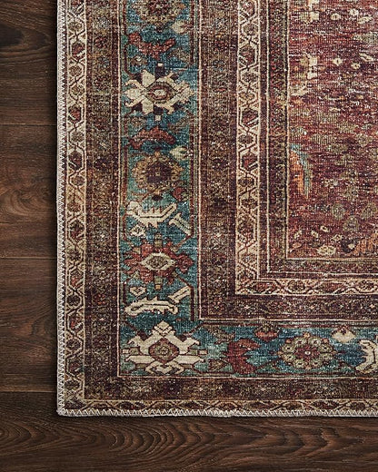 Loloi Layla Collection LAY-01 Brick/Blue 2'-0" x 5'-0" .13" Thick Accent Rug, Soft, Durable, Vintage Inspired, Distressed, Low Pile, Non-Shedding, Easy Clean, Printed, Living Room Rug