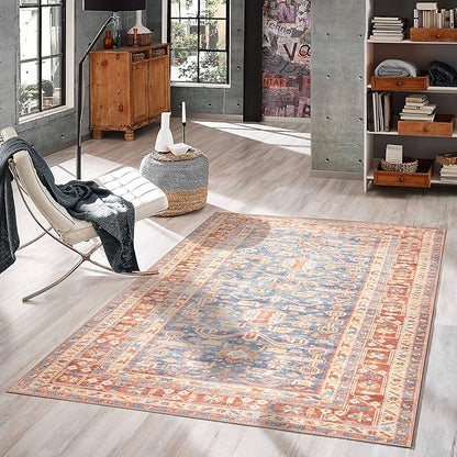 GLN Rugs Traditional Collection - Machine Washable Area Rug, Traditional Washable, Non Slip, Low Pile Chenille Rug, Living Room, Bedroom, Kitchen Rug (4' x 6' Terra/Slate Blue)