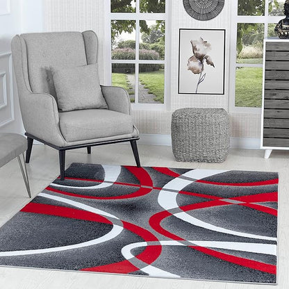 GLORY RUGS Modern Red Area Rug 4x6 Grey Swirls Carpet Bedroom Living Room Contemporary Dining Accent Sevilla Collection 4816A (Red)