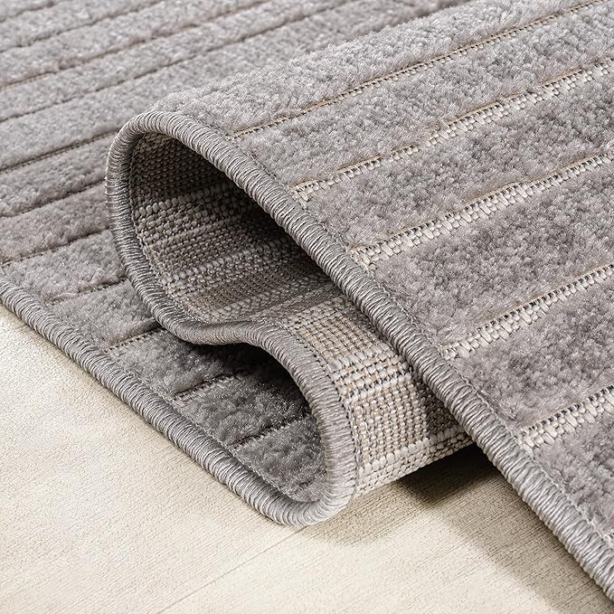 JONATHAN Y Hallie High-Low Curve Gray/Ivory 7' Round Indoor/Outdoor Area Rug, Minimalist, Pet Friendly, Non-Shedding, Stain Resistant, Hose-Washable for Backyard, Patio, Porch (SCN100A-7R)