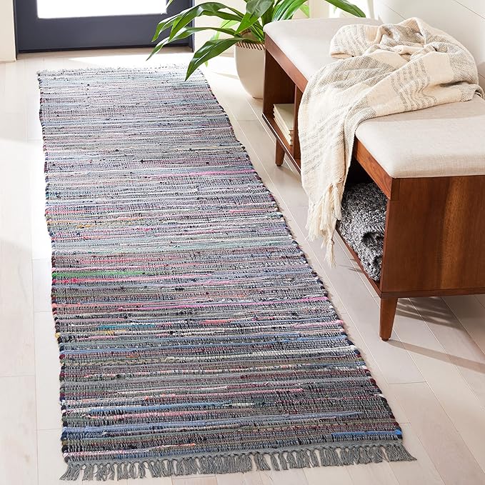 SAFAVIEH Rag Rug Collection Runner Rug - 2'3" x 7', Aqua & Multi, Handmade Boho Stripe Cotton, Ideal for High Traffic Areas in Living Room, Bedroom (RAR121K)