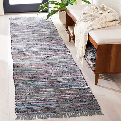 SAFAVIEH Rag Rug Collection Runner Rug - 2'3" x 7', Aqua & Multi, Handmade Boho Stripe Cotton, Ideal for High Traffic Areas in Living Room, Bedroom (RAR121K)
