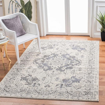 SAFAVIEH Monaco Collection Area Rug - 5'1" x 7'7", Ivory & Grey, Boho Chic Medallion Distressed Design, Non-Shedding & Easy Care, Ideal for High Traffic Areas in Living Room, Bedroom (MNC243B)