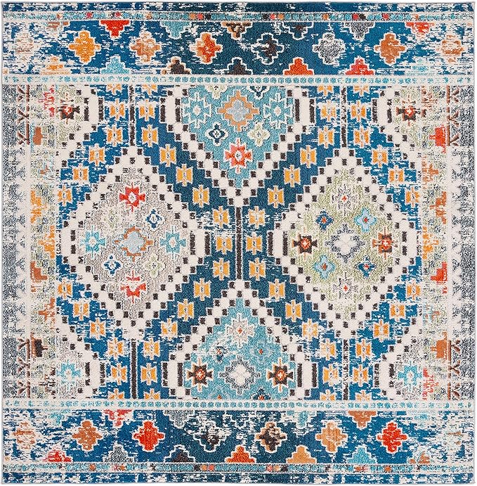 SAFAVIEH Madison Collection Area Rug - 6'7" Square, Navy & Beige, Boho Diamond Distressed Design, Non-Shedding & Easy Care, Ideal for High Traffic Areas in Living Room, Bedroom (MAD418M)