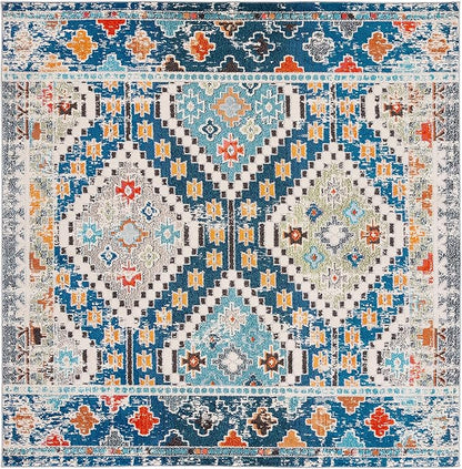 SAFAVIEH Madison Collection Area Rug - 6'7" Square, Navy & Beige, Boho Diamond Distressed Design, Non-Shedding & Easy Care, Ideal for High Traffic Areas in Living Room, Bedroom (MAD418M)