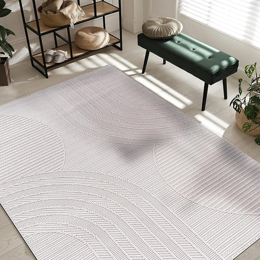CAMILSON Micro Loop Rug 6x9 Modern Luxury Geometric Arch Area Rugs Soft High and Low Pile Stain Resistant Easy-Cleaning Non-Shedding for Living Room Office Indoor Carpet (6 x 9 / White)