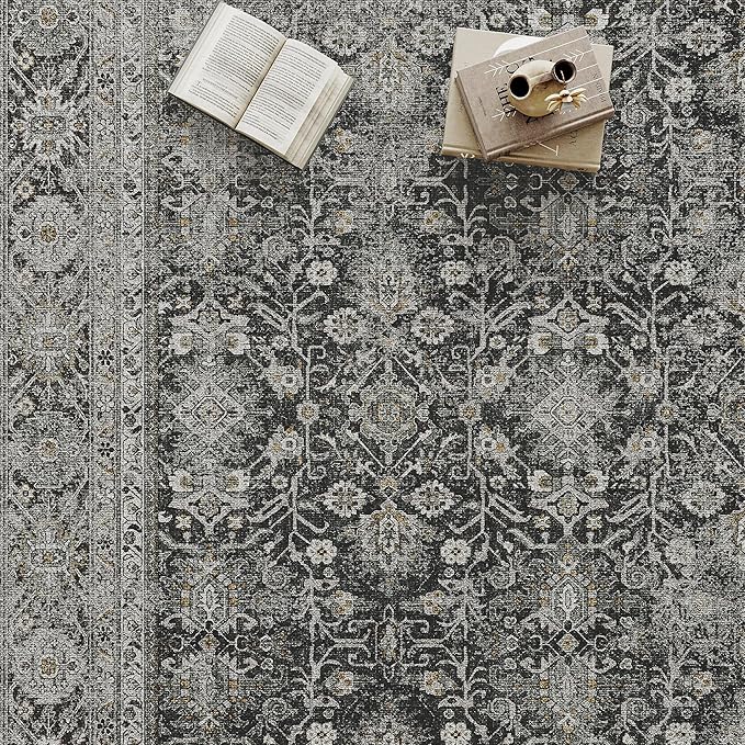 Black Entryway Rug 2x3 Vintage Area Carpet Indoor Kitchen Washable Door Mat Living Room Entrance Small Low Pile Traditional Distressed Retro Accent Throw Rug Non Slip Office Bathroom