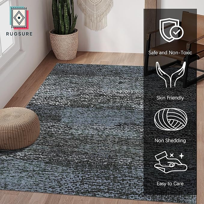 RUGSURE Washable Area Rug - 1/6 Thick - Stain & Water Resistant Non-Slip - Resistant Rug for Living Room, Bedroom, Nursery, Pet & Child Friendly, Vintage Charm Area Rugs (Darkgrey+Bule, 5' x 7')