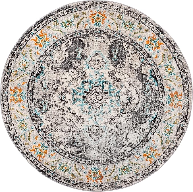 SAFAVIEH Monaco Collection Area Rug - 8'8" Round, Grey & Light Blue, Boho Chic Medallion Distressed Design, Non-Shedding & Easy Care, Ideal for High Traffic Areas in Living Room, Bedroom (MNC243G)