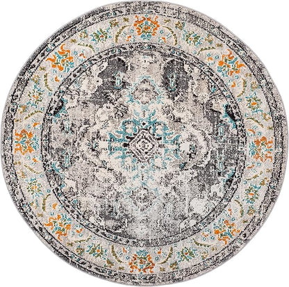 SAFAVIEH Monaco Collection Area Rug - 8'8" Round, Grey & Light Blue, Boho Chic Medallion Distressed Design, Non-Shedding & Easy Care, Ideal for High Traffic Areas in Living Room, Bedroom (MNC243G)