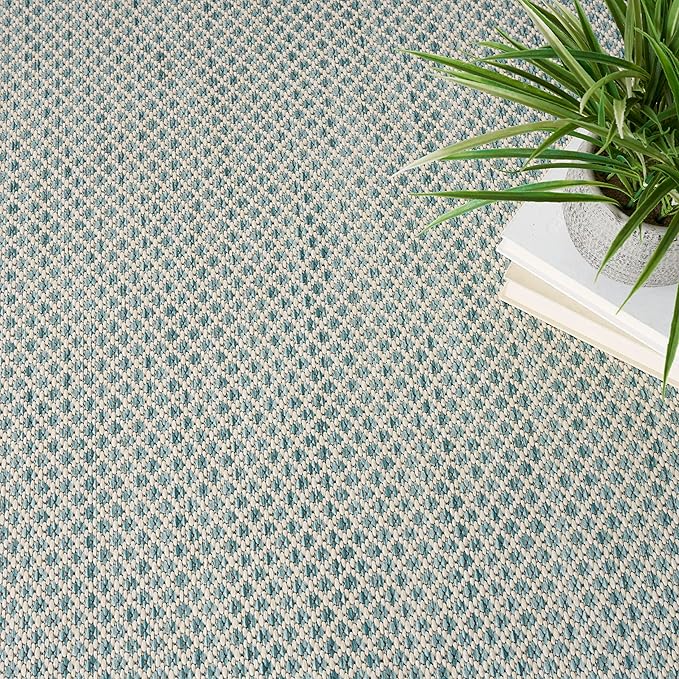 Nourison Home Courtyard Ivory Aqua 4' x Round Area Rug - Easy Clean, Non Shedding, Bed Room, Living Room, Dining Room, Kitchen (4' x Round)