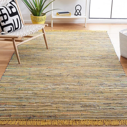 SAFAVIEH Rag Rug Collection Area Rug - 5' x 8', Yellow & Multi, Handmade Boho Stripe Cotton, Ideal for High Traffic Areas in Living Room, Bedroom (RAR121H)