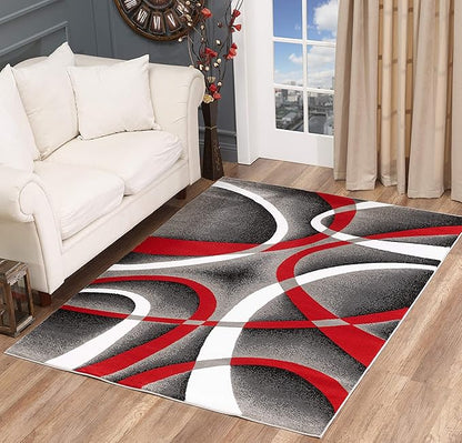 GLORY RUGS Modern Red Area Rug 4x6 Grey Swirls Carpet Bedroom Living Room Contemporary Dining Accent Sevilla Collection 4816A (Red)
