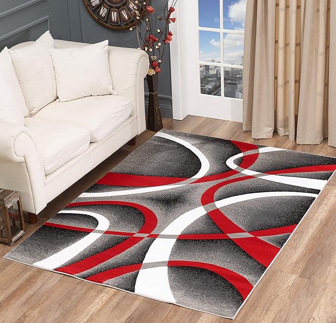 GLORY RUGS Modern Area Rug 5x7 Red Swirls Carpet Bedroom Living Room Contemporary Dining Accent Sevilla Collection 4816A (Grey Red)