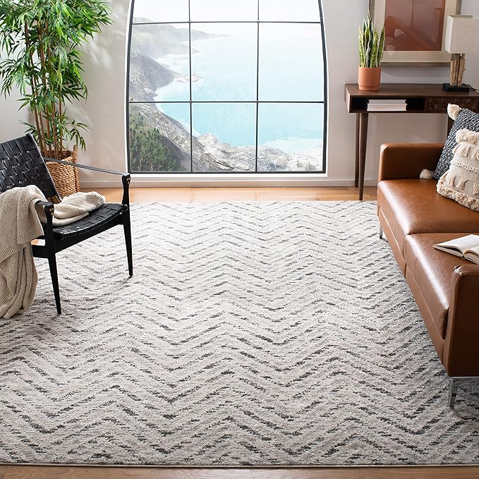 SAFAVIEH Adirondack Collection Area Rug - 10' x 14', Ivory & Charcoal, Chevron Design, Non-Shedding & Easy Care, Ideal for High Traffic Areas in Living Room, Bedroom (ADR104N)