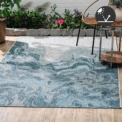 FH Home Outdoor Rug - Waterproof Easy to Clean Stain Resistant - Patio Indoor Outdoor Porch Deck Balcony Entryway - Modern Abstract - Freeport - Blue - 7ft 8in x 9ft 8in