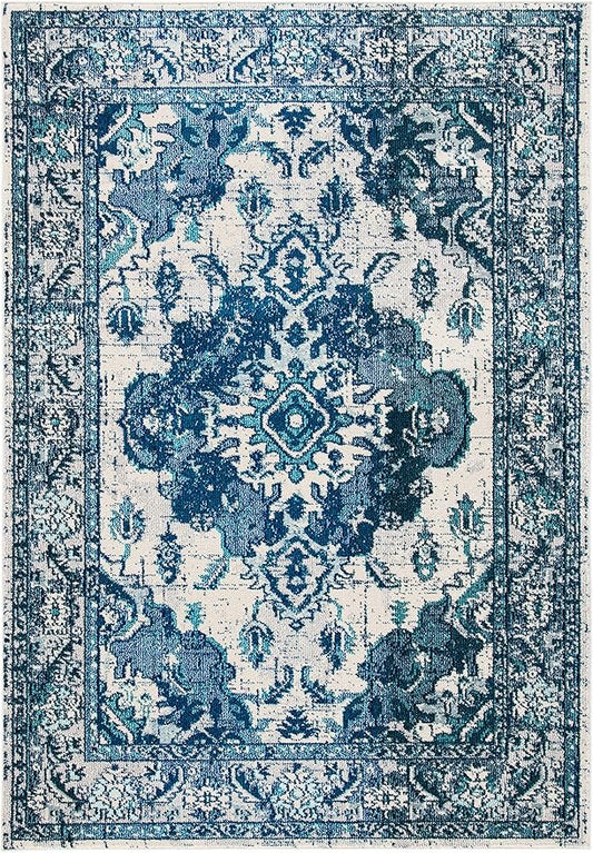SAFAVIEH Monaco Collection Accent Rug - 4' x 5'7", Ivory & Blue, Boho Medallion Distressed Design, Non-Shedding & Easy Care, Ideal for High Traffic Areas in Entryway, Living Room, Bedroom (MNC243A)