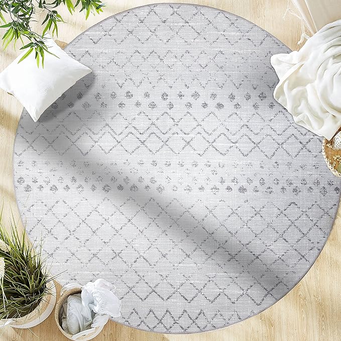 GLN Rugs Contemporary Collection - Machine Washable Area Rug, Contemporary Washable, Non Slip, Low Pile Chenille Rug, Living Room, Bedroom, Kitchen Rug (5'3" Round Gray 0166)