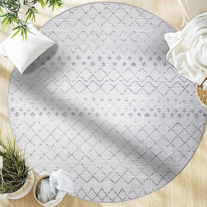 GLN Rugs Contemporary Collection - Machine Washable Area Rug, Contemporary Washable, Non Slip, Low Pile Chenille Rug, Living Room, Bedroom, Kitchen Rug (5'3" Round Gray 0166)