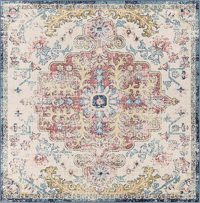 Livabliss Area Rugs - 5x5 Odelia Vintage Boho Aqua Burgandy Blue Square Area Rug for Living Room Bedroom - Floral Medallion Stain Resistant Carpet for Kitchen, Nursery, Office (5'3" Square)