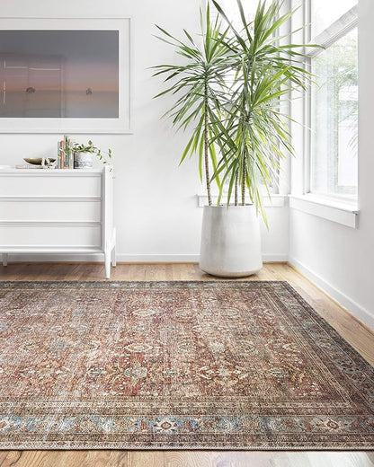 Loloi Layla Collection LAY-01 Brick/Blue 2'-6" x 9'-6" .13" Thick Runner Rug, Soft, Durable, Vintage Inspired, Distressed, Low Pile, Non-Shedding, Easy Clean, Printed, Living Room Rug