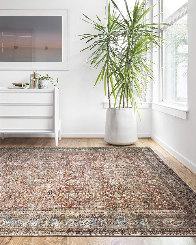 Loloi Layla Collection LAY-01 Brick/Blue 7'-6" x 9'-6" .13" Thick Area Rug, Soft, Durable, Vintage Inspired, Distressed, Low Pile, Non-Shedding, Easy Clean, Printed, Living Room Rug