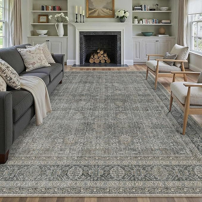 Vintage Area Rug 6x9 Grey Brown Washable Living Room Large Carpet Non Slip Bedroom Indoor Office Low Pile Traditional Distressed Retro Accent Rug for Dining Room Kitchen