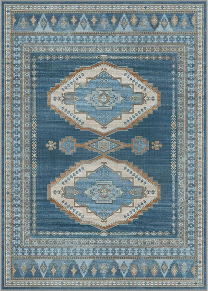 GENIMO Machine Washable 8x10 Area Rugs for Living Room, Non Slip Vintage Rugs, Low Pile Lightweight Chenille Print Rug for Bedroom, Dining Room, Home Office, Navy/Brick