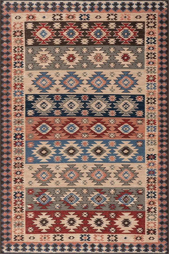 Dash & Albert Balsam Kilim Multi Machine Washable Rug, 6 X 9 Feet, Red Geometric Pattern