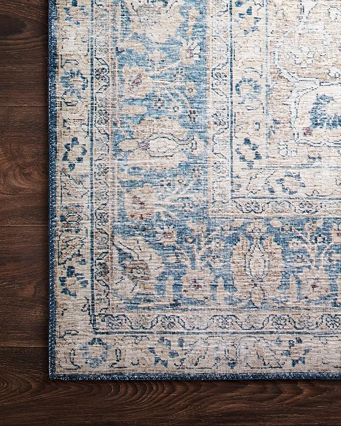 Loloi Layla Collection LAY-07 Blue/Tangerine 2'-6" x 12'-0" .13" Thick Runner Rug, Soft, Durable, Vintage Inspired, Distressed, Low Pile, Non-Shedding, Easy Clean, Printed, Living Room Rug