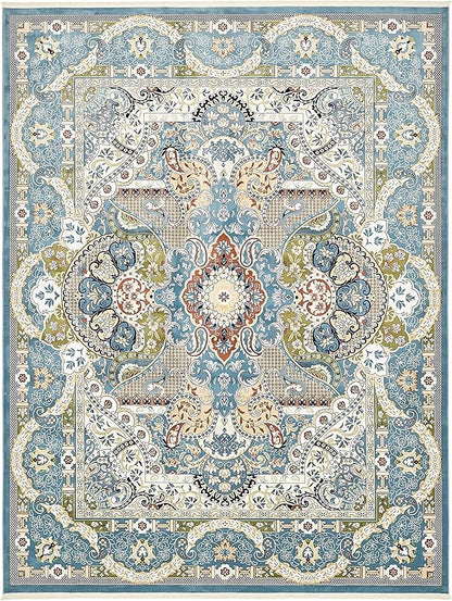 Unique Loom Narenj Collection Classic Traditional Medallion Textured Design Area Rug, 10 x 13 ft, Blue/Tan