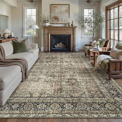 Vintage Area Rug 7x9 Brown Washable Living Room Large Carpet Non Slip Bedroom Indoor Office Low Pile Traditional Distressed Retro Accent Rug for Dining Room Kitchen