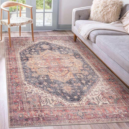 GLN Rugs Traditional Collection - Machine Washable Area Rug, Traditional Washable, Non Slip, Low Pile Chenille Rug, Living Room, Bedroom, Kitchen Rug (8' x 10' Black/Terra)