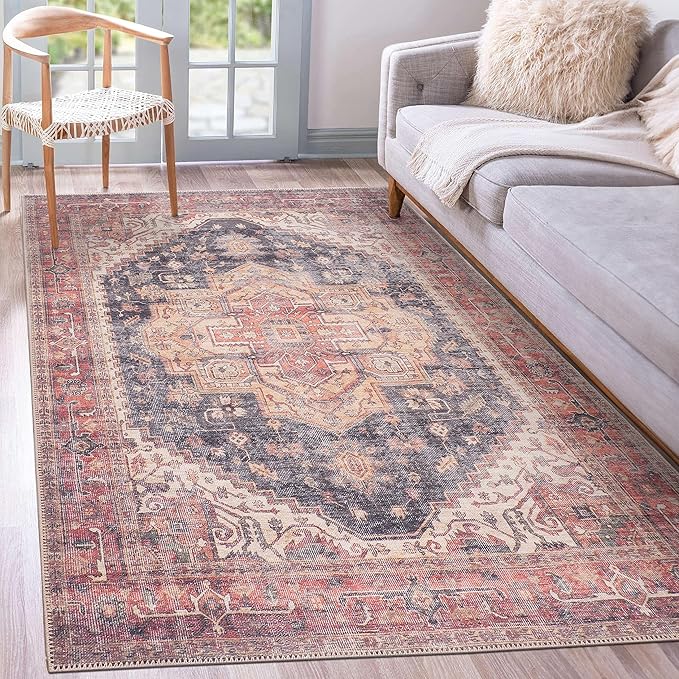GLN Rugs Traditional Collection - Machine Washable Area Rug, Traditional Washable, Non Slip, Low Pile Chenille Rug, Living Room, Bedroom, Kitchen Rug (5' x 7' Black/Terra)