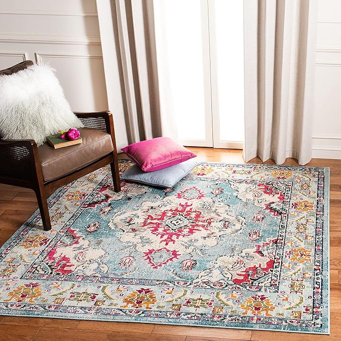 SAFAVIEH Monaco Collection Area Rug - 8'8" Square, Light Blue & Fuchsia, Boho Chic Medallion Distressed Design, Non-Shedding & Easy Care, Ideal for High Traffic Areas in Living Room, Bedroom (MNC243J)