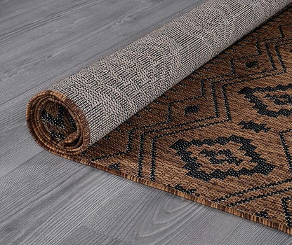 Beverly Rug Waikiki Boho Indoor Outdoor Rug 10x14, Washable Outside Carpet for Patio, Deck, Porch, Bohemian Area Rug, Farmhouse Rugs, Aztec Tribal Rug, Nut Brown and Black