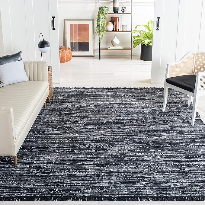 SAFAVIEH Rag Rug Collection Area Rug - 8' x 10', Black, Handmade Boho Stripe Cotton, Ideal for High Traffic Areas in Living Room, Bedroom (RAR121Z)