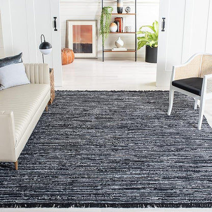 SAFAVIEH Rag Rug Collection Area Rug - 8' x 10', Black, Handmade Boho Stripe Cotton, Ideal for High Traffic Areas in Living Room, Bedroom (RAR121Z)