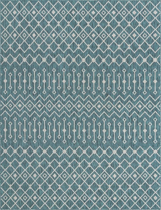 Unique Loom Outdoor Trellis Collection Area Rug - Tribal Trellis (10' x 13' 1" Rectangle, Teal/ Ivory)