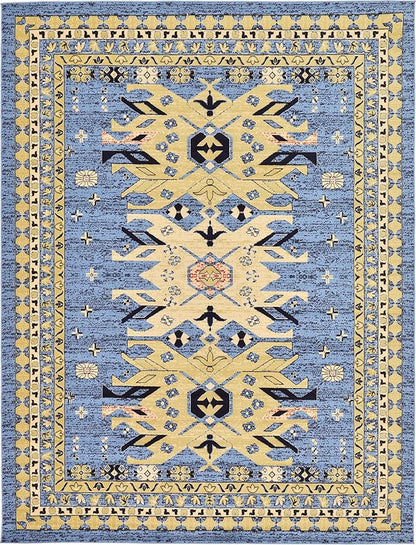Unique Loom Taftan Collection Border Geometric Tribal Inspired Design Area Rug (9' 0 x 12' 0 Rectangular, Light Blue/ Gold)