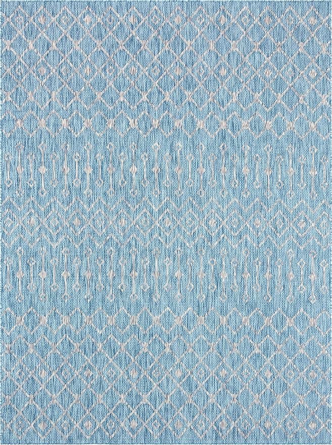 Unique Loom Outdoor Trellis Collection Area Rug - Tribal Trellis (9' x 12' Rectangle, Aqua/ Ivory)