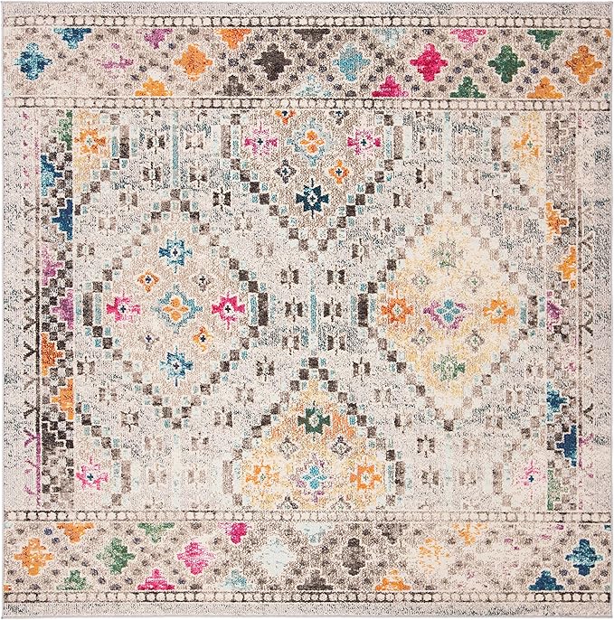 SAFAVIEH Madison Collection Area Rug - 6'7" Square, Grey & Yellow, Boho Diamond Distressed Design, Non-Shedding & Easy Care, Ideal for High Traffic Areas in Living Room, Bedroom (MAD418F)