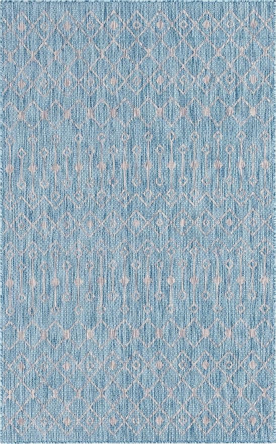 Unique Loom Outdoor Trellis Collection Area Rug - Tribal Trellis (5' 1" x 8' Rectangle, Aqua/ Ivory)