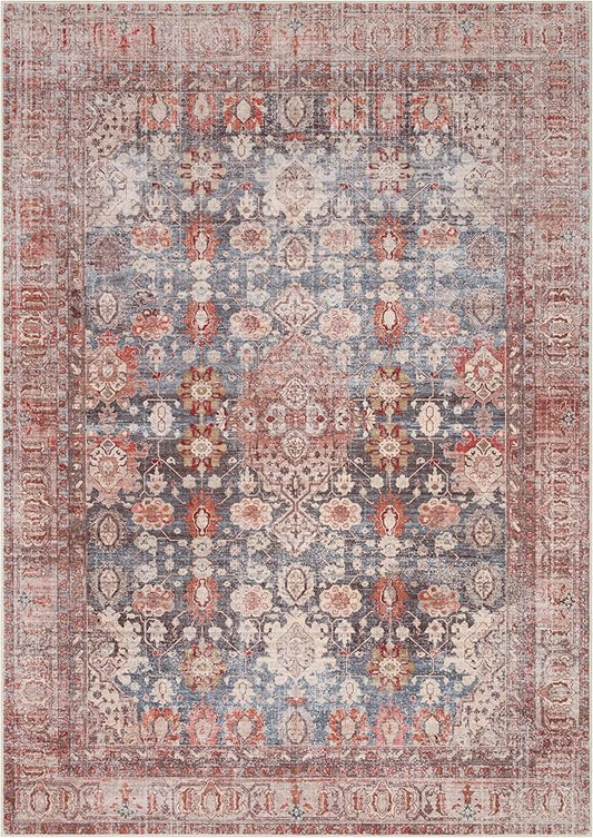 Kuden 10x14 Large Area Rug, Machine Washable Area Rug with Non-Slip Backing, Vintage Style, Soft, Easy Clean, Low Pile Rug for Living Room, Bedroom, Dining Room